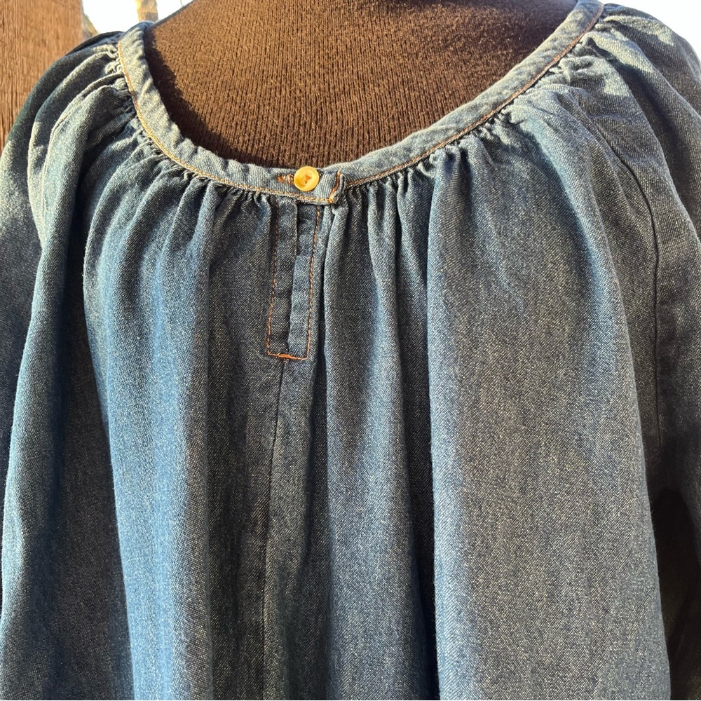 Melrose & Market Peasant Blue Cotton Denim Pullover Dress Puff Sleeves & Pockets - Picture 3 of 7